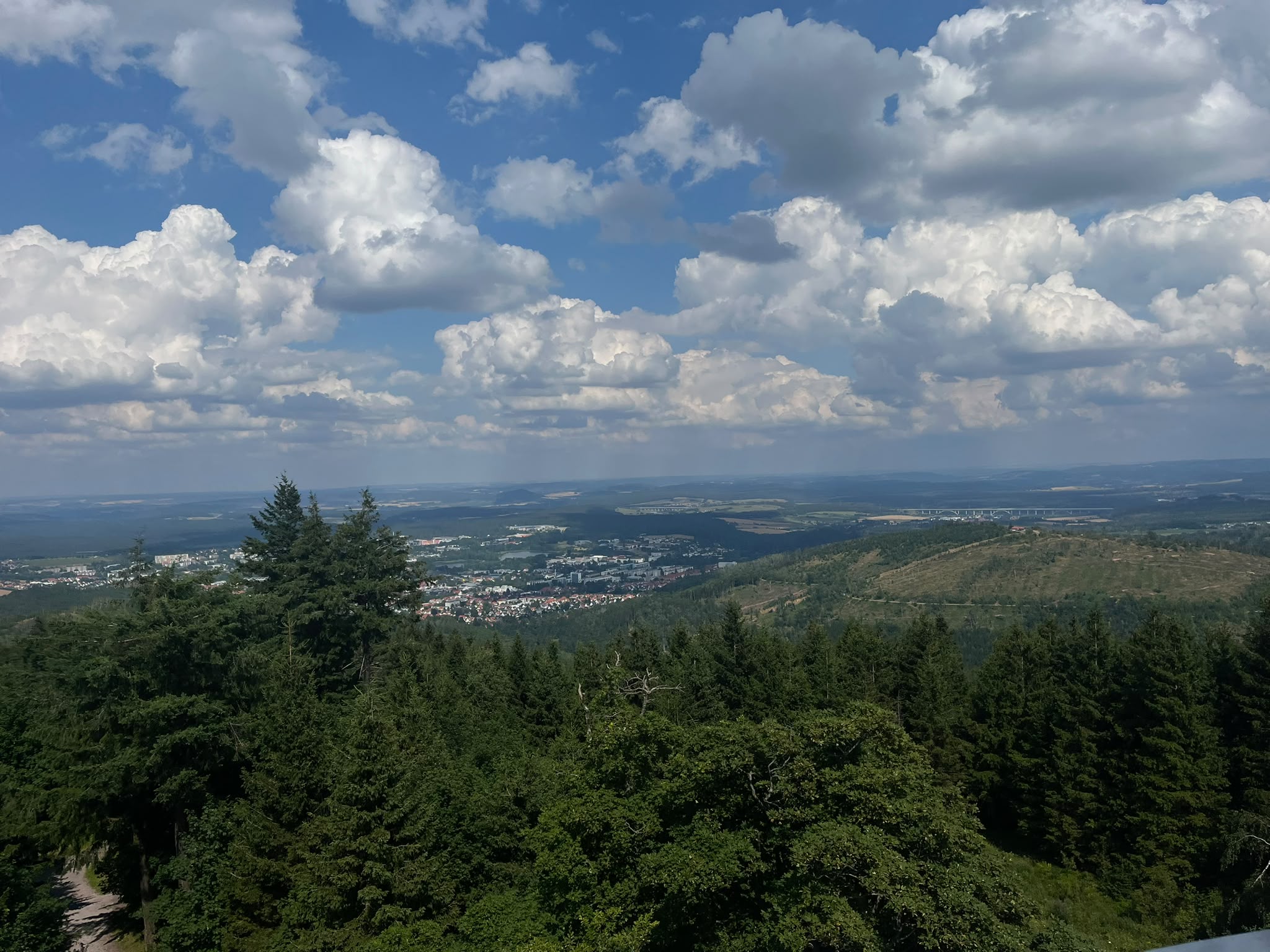 Panorama ueber Wald und Stadt unter Wolken