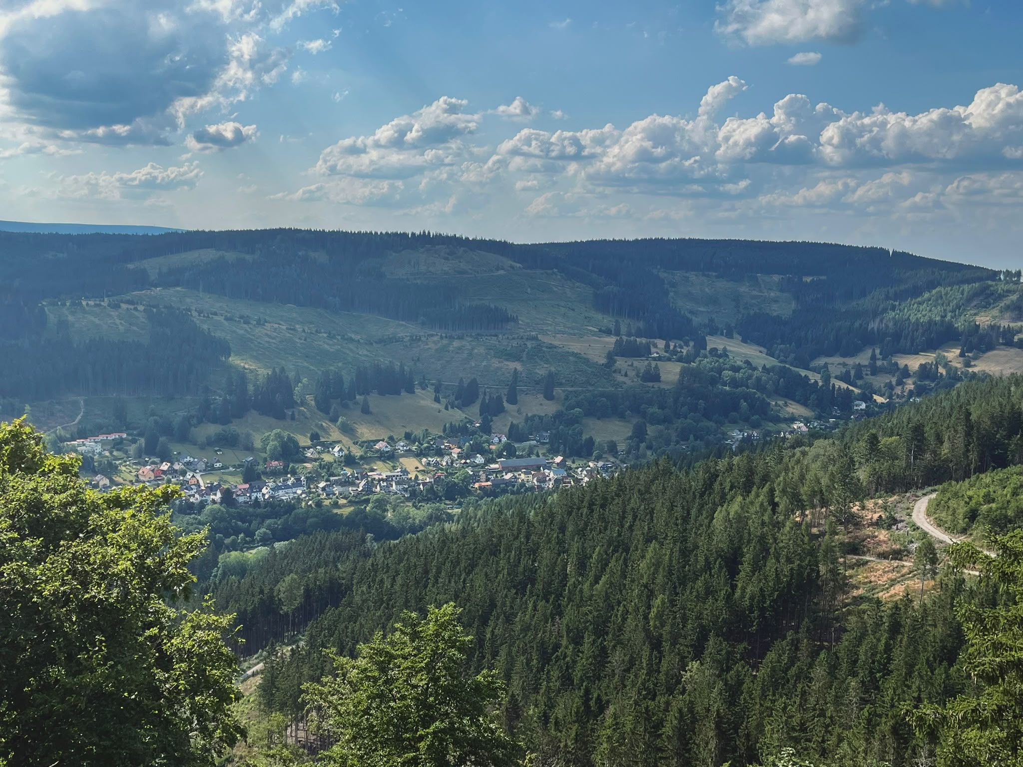 Blick auf einen Ort im bewaldeten Tal