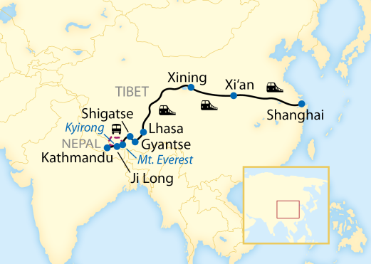 Karte der Himalaja-Route von China nach Nepal
